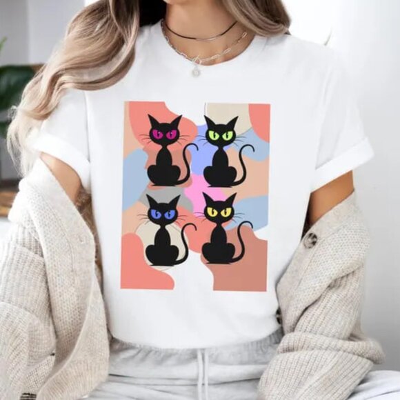 Tops - Retro Halloween Cat Shirt, Graphic Cat Halloween Tee, Cat Lover Shirt